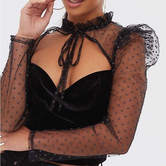 New Look Tops - New Look (ASOS) Elegant Black Sheer/Velvet Polka Dot Top